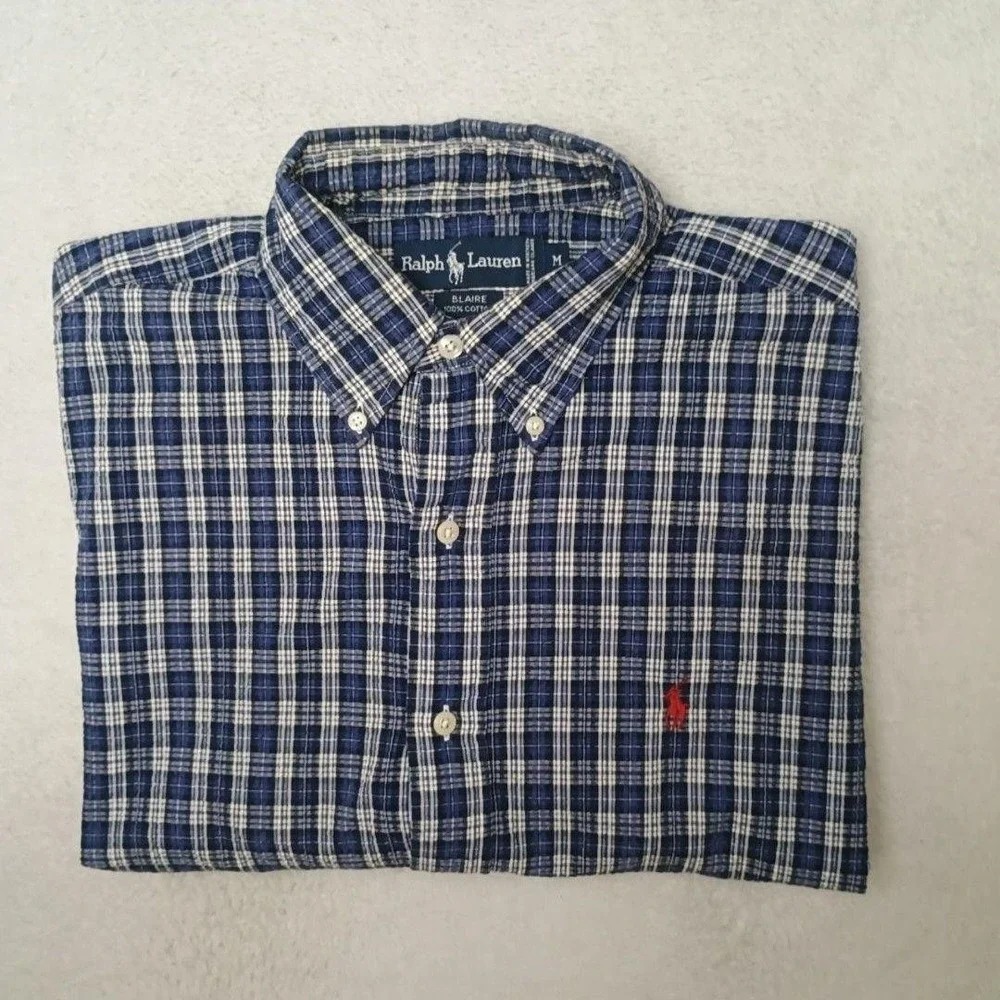 Ralph Lauren Shirt Mens M Blue Plaid Button-Up Seersucker Blaire Short-Sleeve